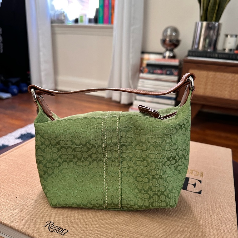 Coach Leaf Green Canvas Soho Mini Signature Top
Handle Bag Brown Leather